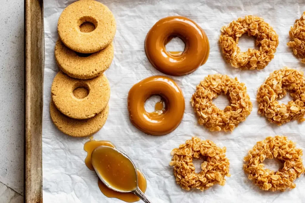 Samoas Cookies Copycat cookie rings spread with caramel before topping