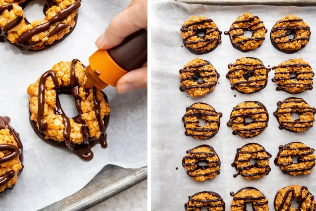 Samoas Cookies Copycat cookies finished with dark chocolate drizzle on a tray