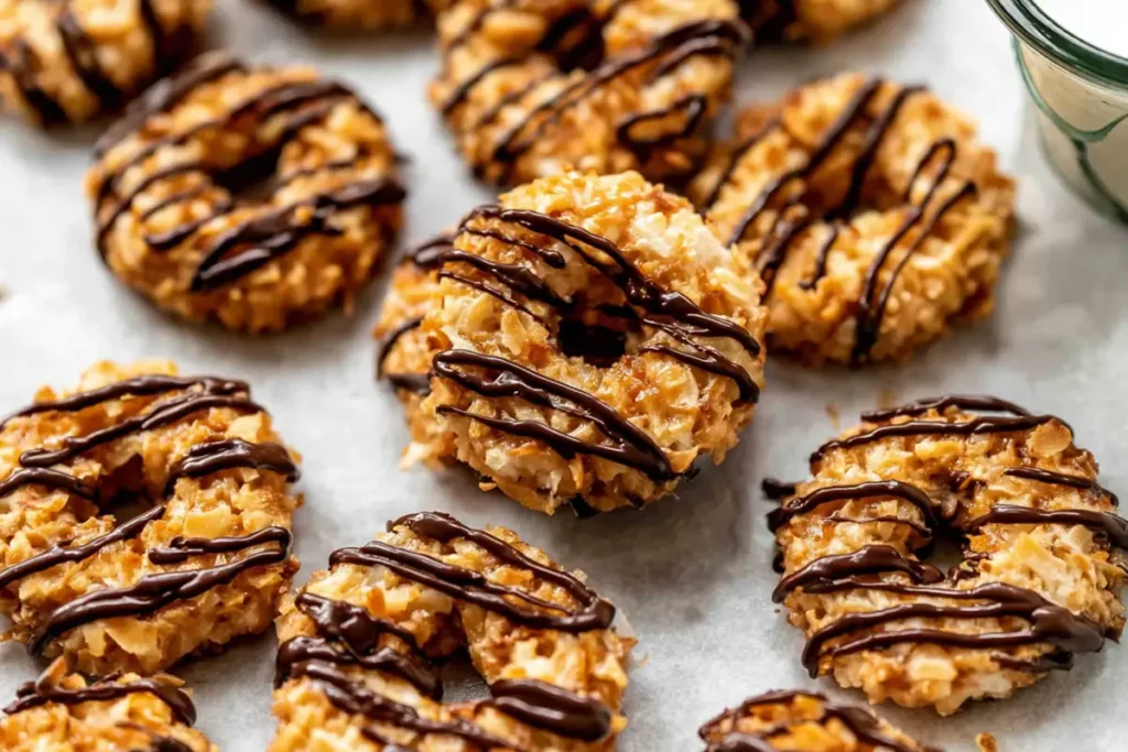 Samoas Cookies Copycat finished cookies with toasted coconut and dark chocolate
