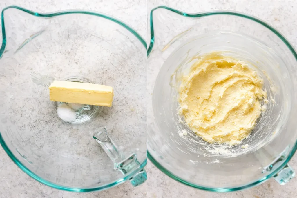 Samoas Cookies Copycat butter and sugar mixture in glass bowls for shortbread dough