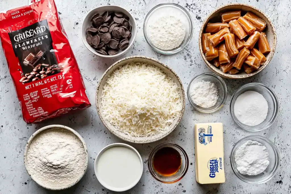 Samoas Cookies Copycat ingredients laid out with coconut caramels chocolate and butter