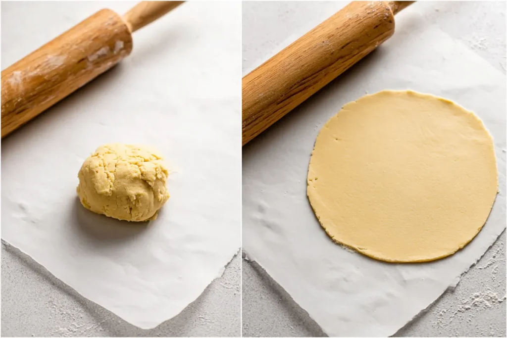 Samoas Cookies Copycat shortbread dough disk rolled between parchment sheets