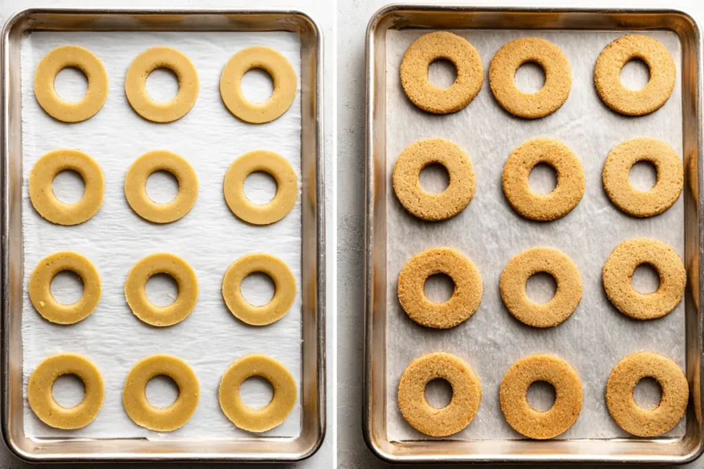 Samoas Cookies Copycat shortbread cookie rings before and after baking