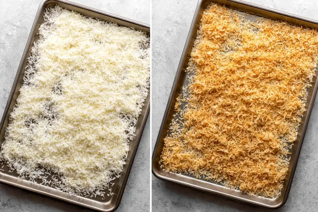 Samoas Cookies Copycat coconut before and after toasting on sheet pans