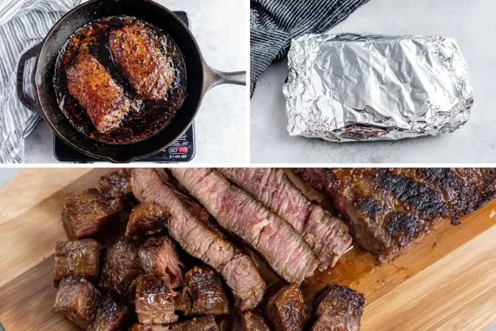 Sliced and chopped chipotle steak seasoning steak on a wooden cutting board