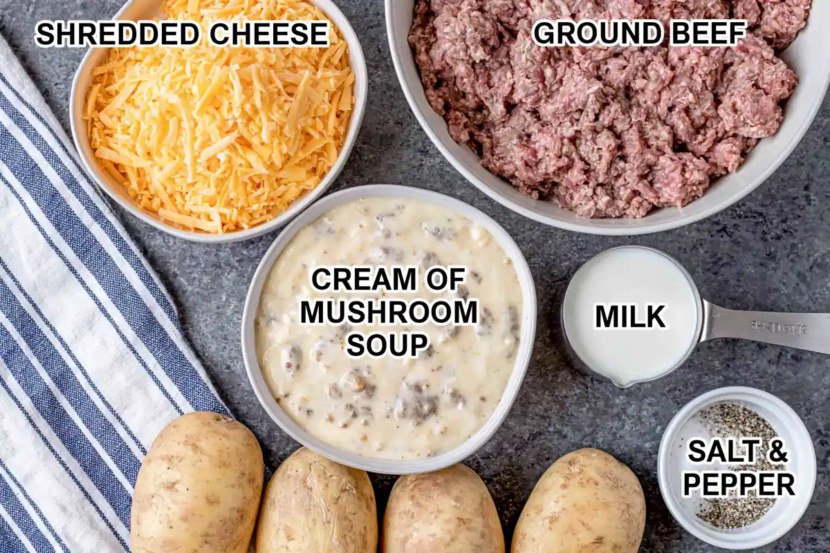 Slow Cooker Hamburger Casserole ingredients with potatoes ground beef mushroom soup milk and cheese