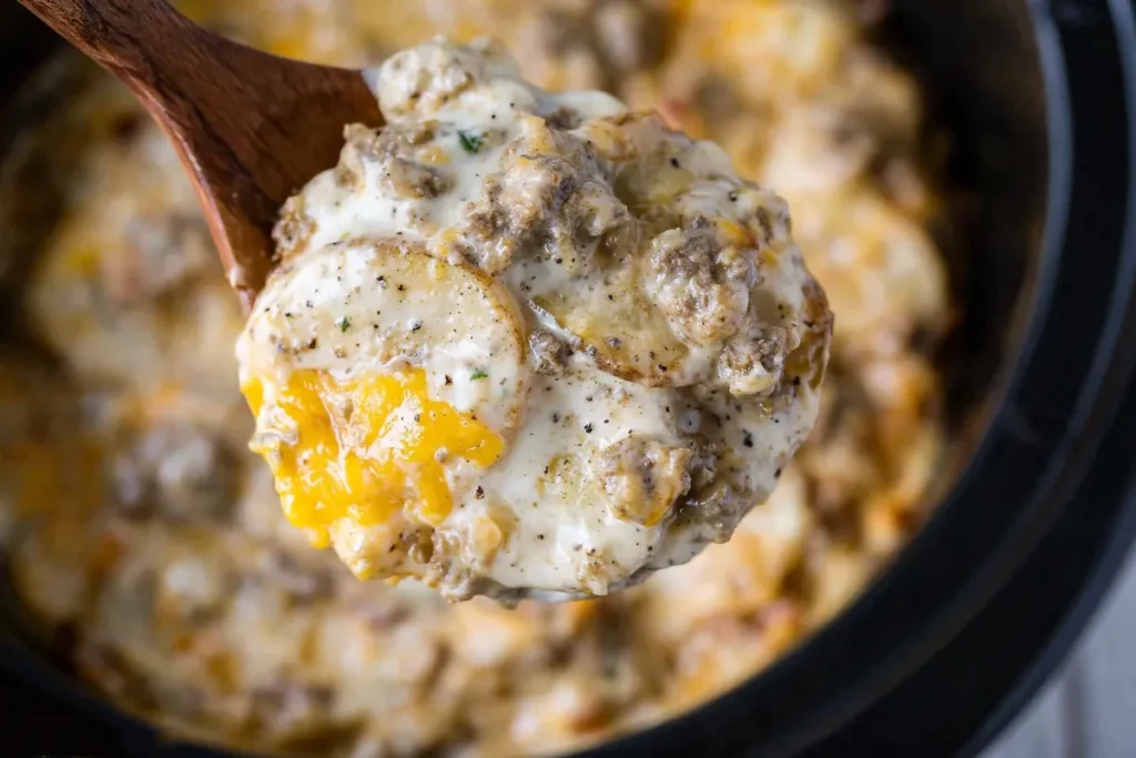 Slow Cooker Hamburger Casserole serving spoon with creamy potatoes beef and melted cheese