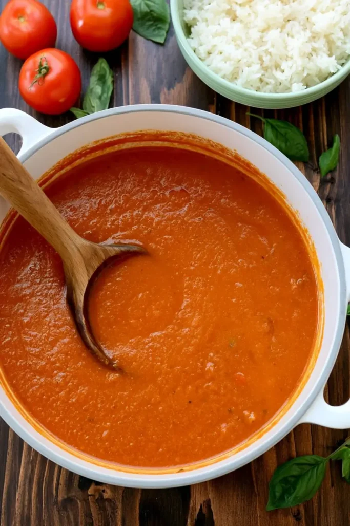 Roasted Tomato Soup with Rich Oven-Roasted Flavor 14 Smooth roasted tomato soup simmering in a white Dutch oven