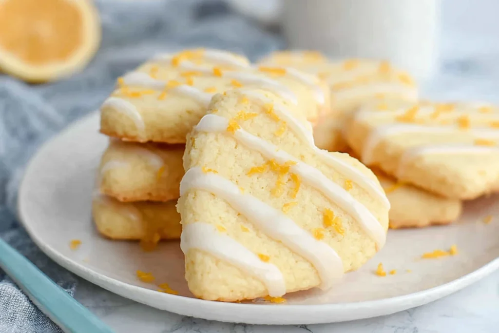 Stacked lemon shortbread cookies with lemon glaze on a white plate