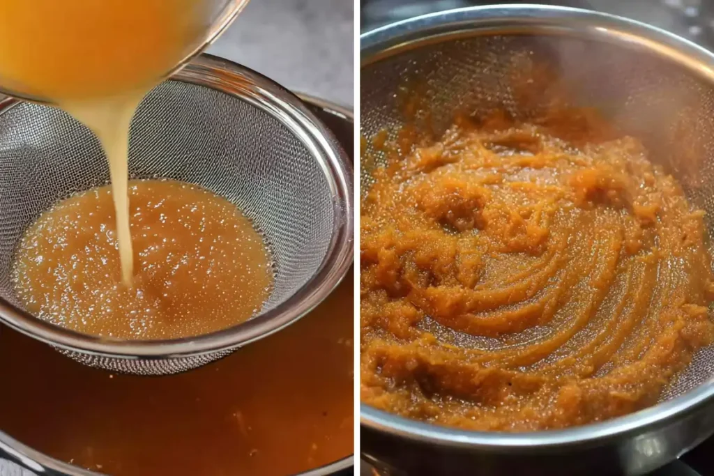 Strained peach fibers removed from Peach Macarons puree