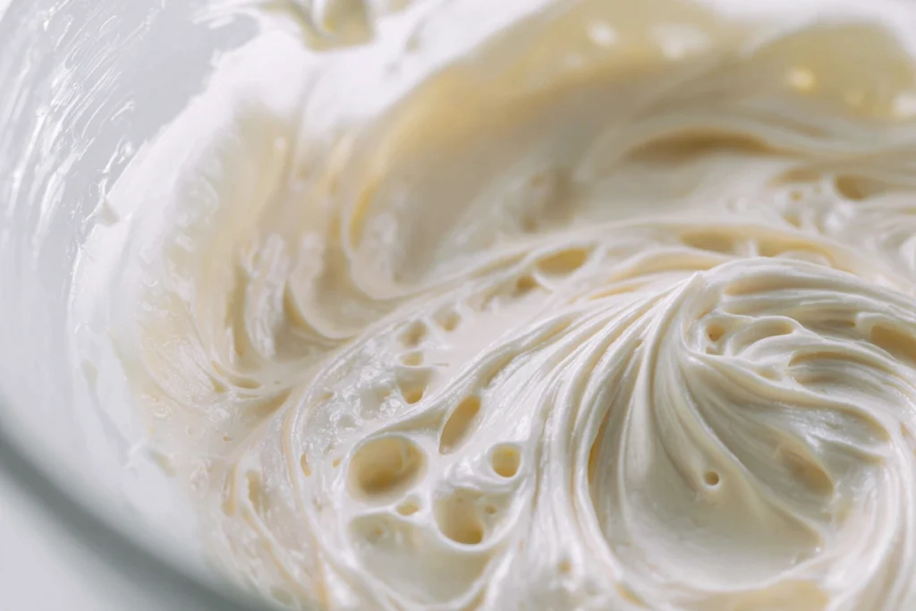 Smooth cream cheese filling for Strawberry Cookie Cups in a glass bowl