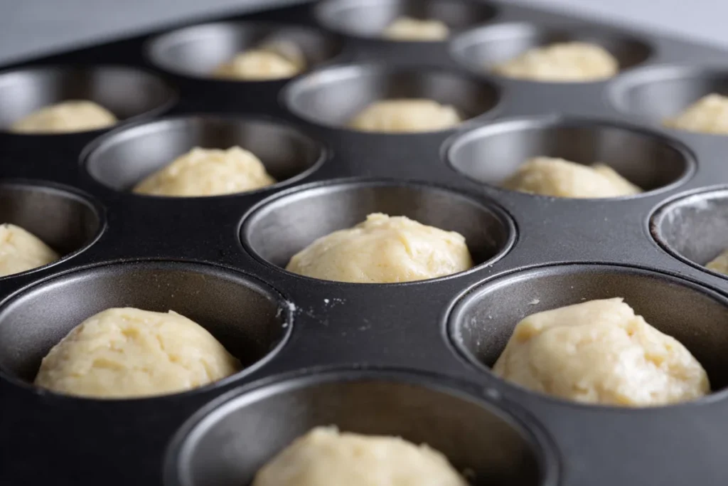 Strawberry Cookie Cups dough portioned into a mini muffin pan before baking