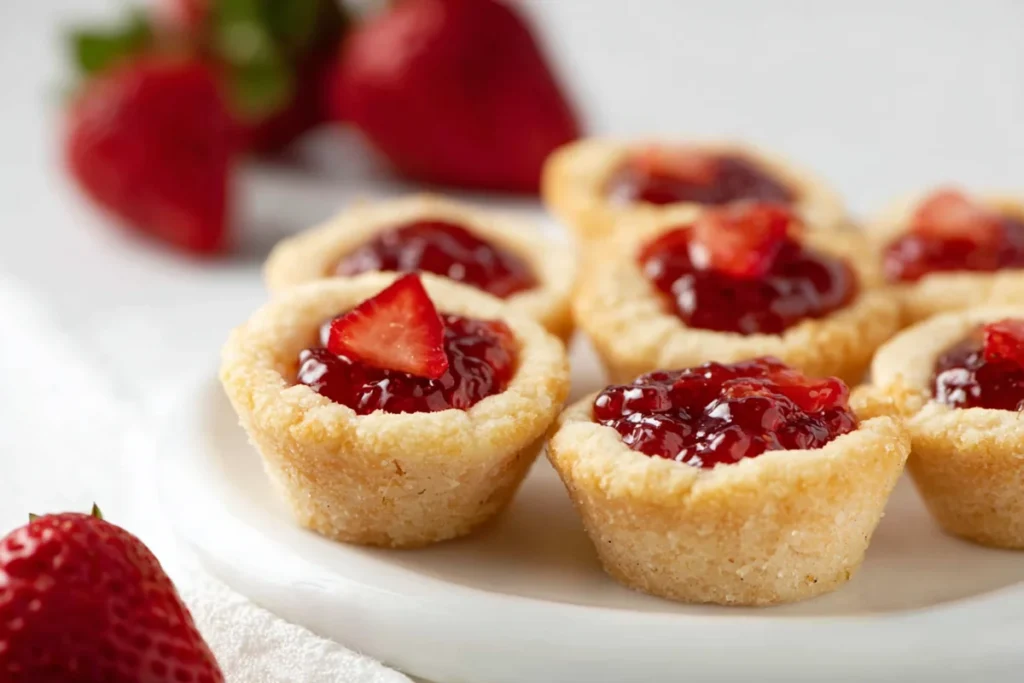 Strawberry Cookie Cups on a white platter with fresh strawberries in the background