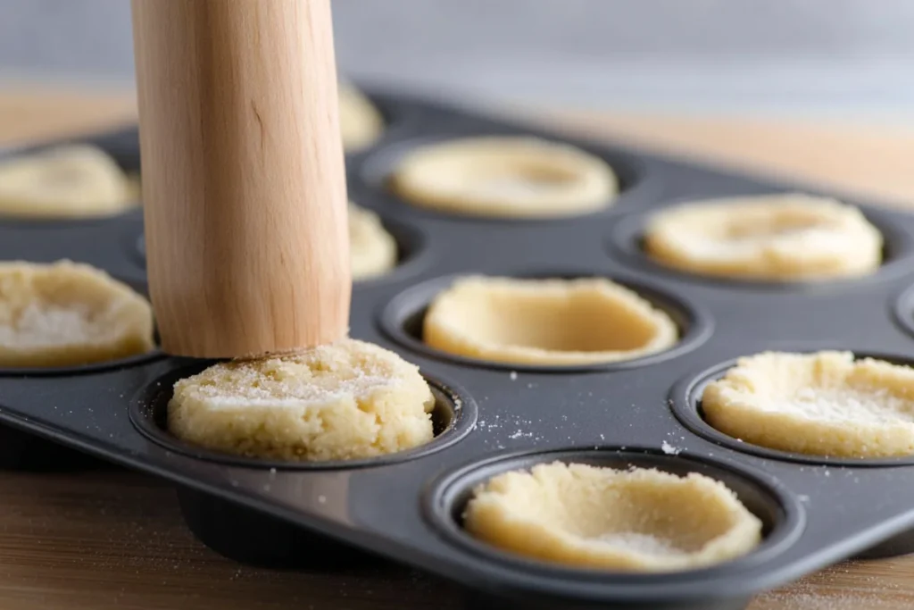 Strawberry Cookie Cups center being shaped with a wooden tart shaper in the pan