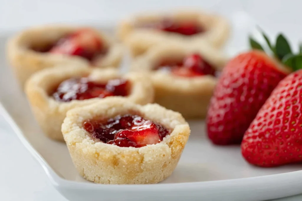 Strawberry Cookie Cups lined up on a marble surface with fresh strawberries behind them