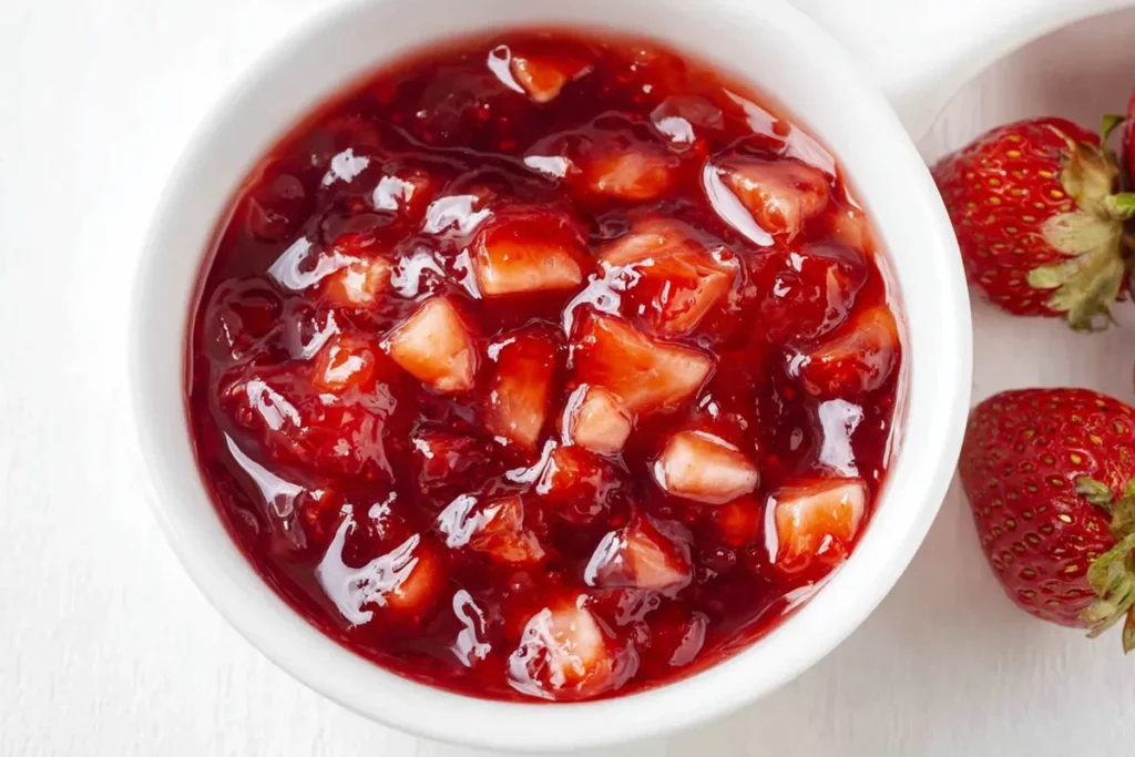 Fresh strawberry topping mixed with jam for Strawberry Cookie Cups