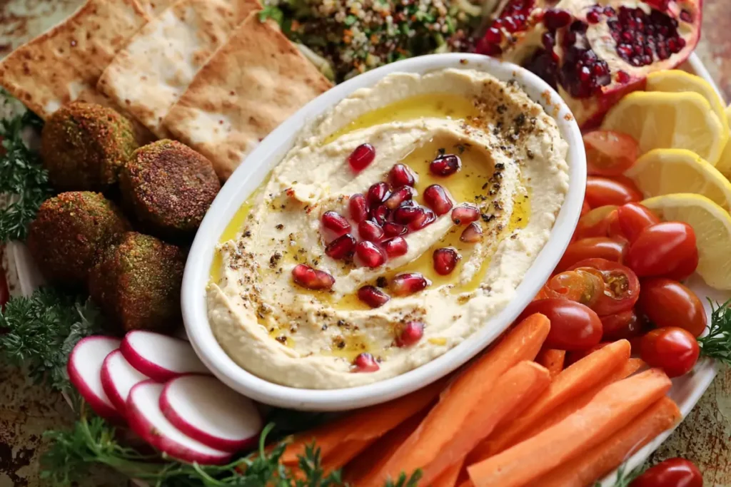 Vegan Mezze Platter hummus bowl with pomegranate, vegetables, falafel, and flatbread