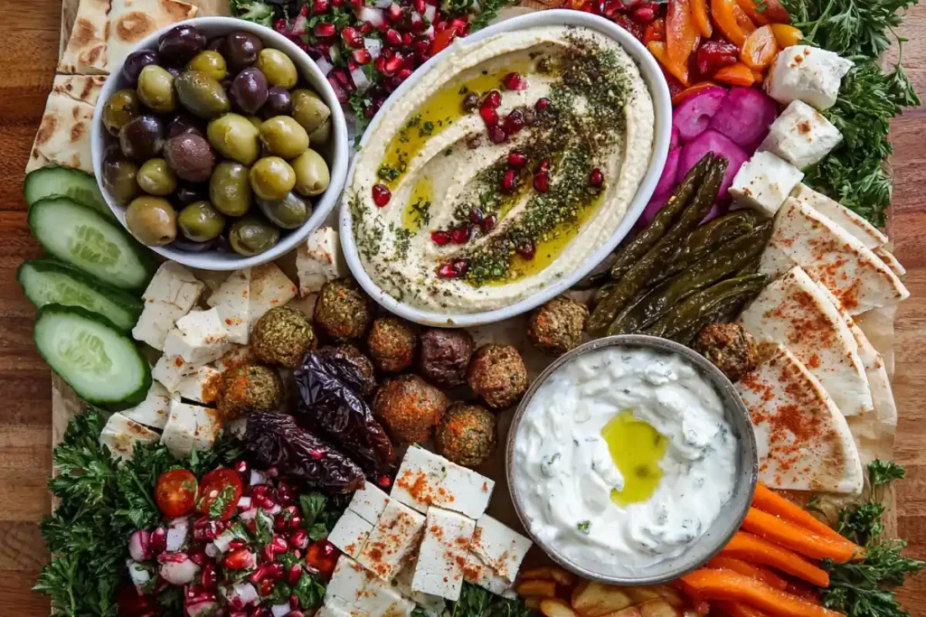 Vegan Mezze Platter ingredients arranged on a wooden board with dips, vegetables, falafel, and bread