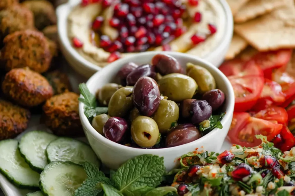 Vegan Mezze Platter with marinated olives, tabbouleh, cucumbers, falafel, and dolmades