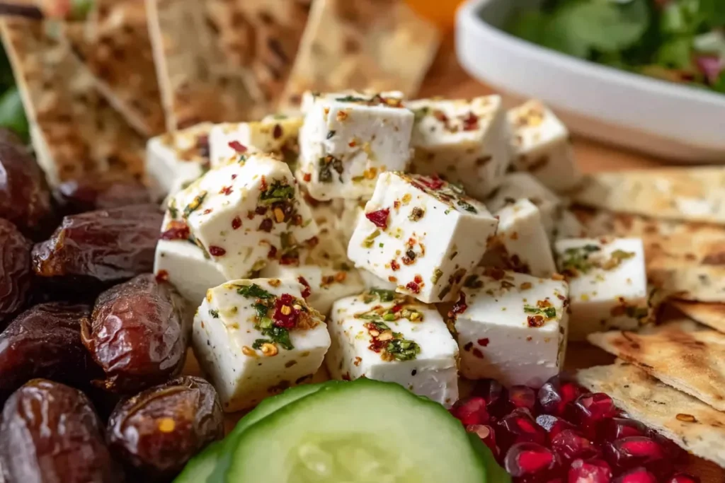 Vegan Mezze Platter with marinated vegan feta, almond-stuffed dates, flatbread, and cucumbers