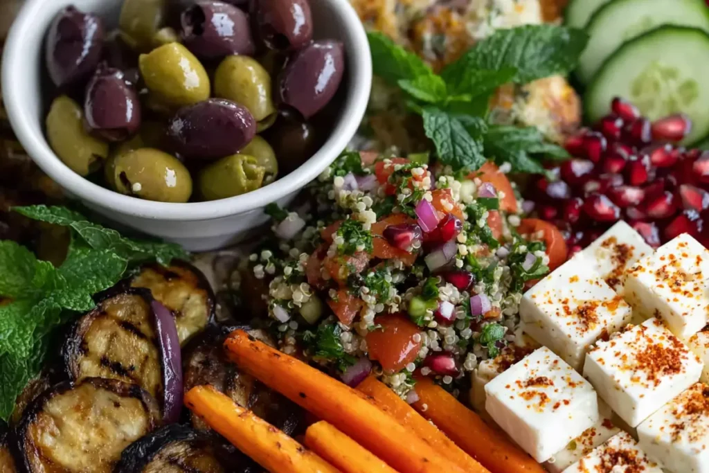 Vegan Mezze Platter with tabbouleh, grilled eggplant, carrots, olives, and vegan feta