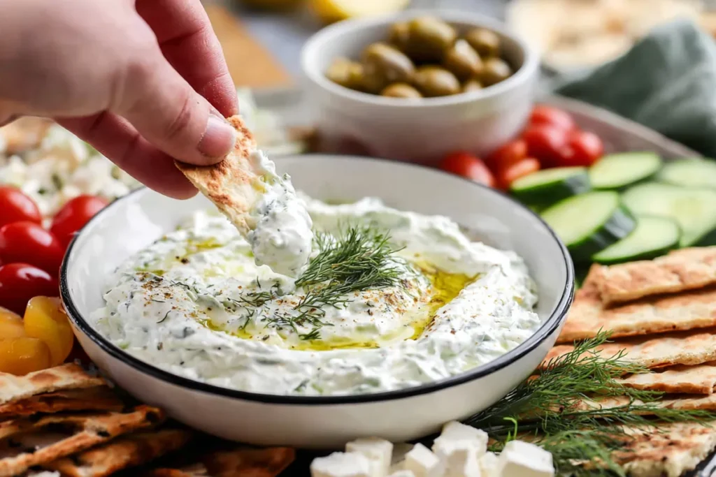Vegan Mezze Platter with vegan tzatziki, crackers, cucumbers, tomatoes, and feta