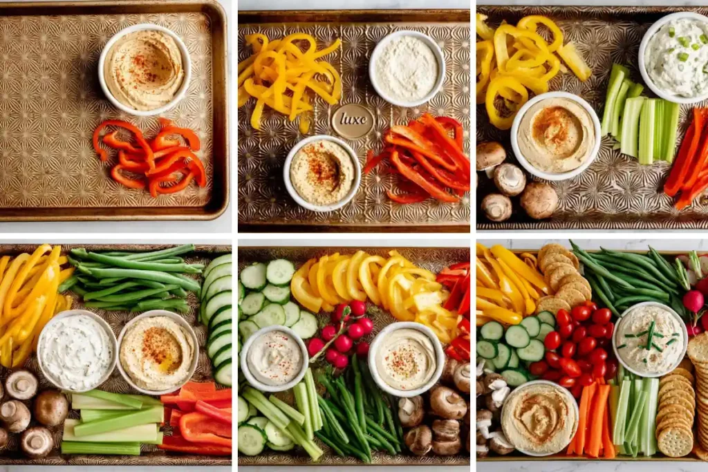 Veggie Tray assembly steps with fresh vegetables and dips on a baking sheet