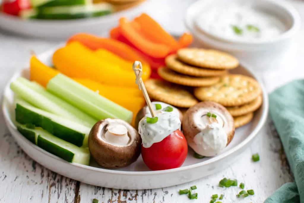 Veggie Tray serving plate with crisp vegetables, crackers, and creamy dip