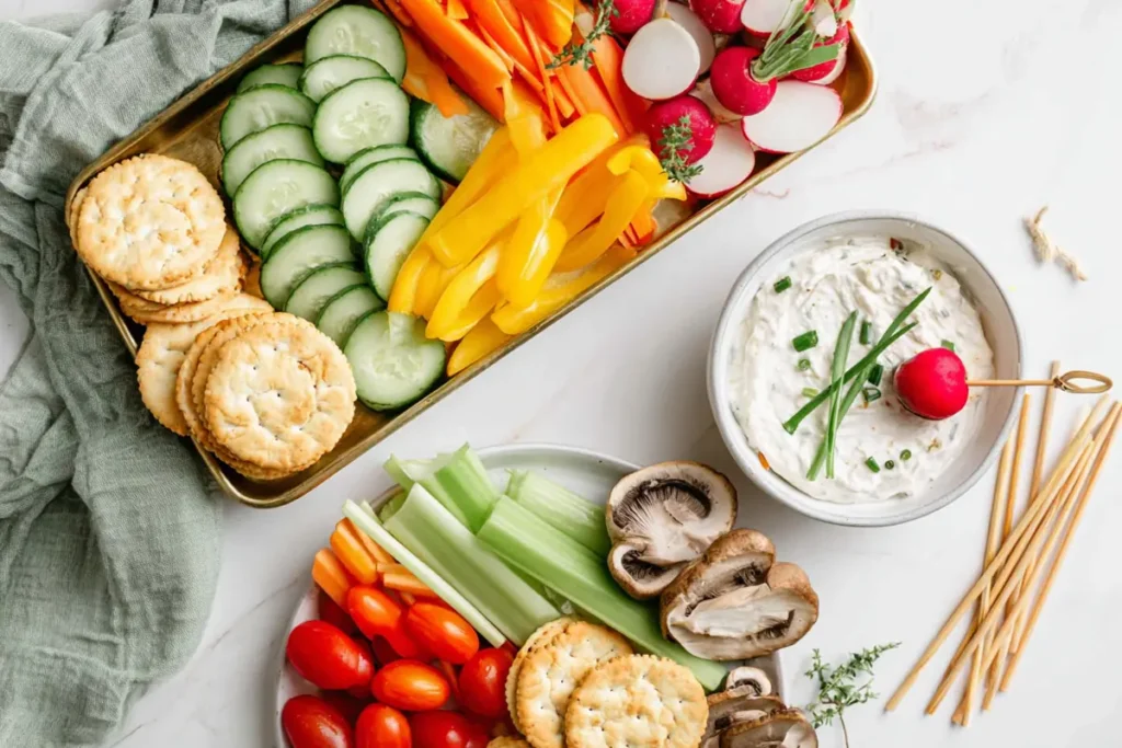 Colorful Veggie Tray with dip, crackers, cucumbers, celery, tomatoes, and peppers