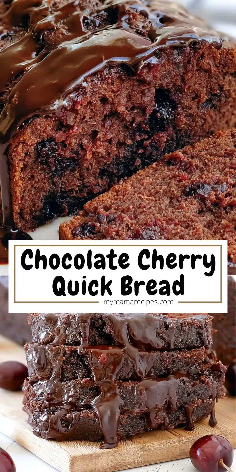 Chocolate Cherry Quick Bread recipe with chocolate glaze and sweet cherries