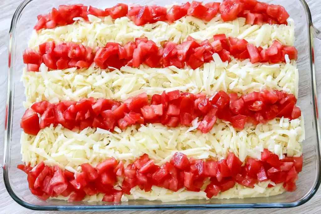 Tomato and mozzarella stripes on American flag layered taco dip