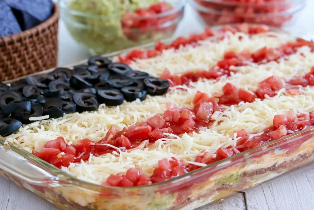 American flag layered taco dip with optional toppings for easy variations