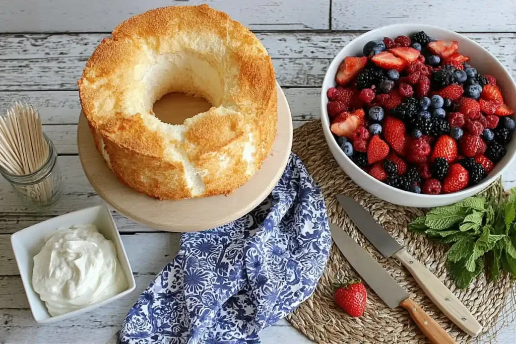 Angel food cake with berries ingredients including whipped topping and fresh fruit