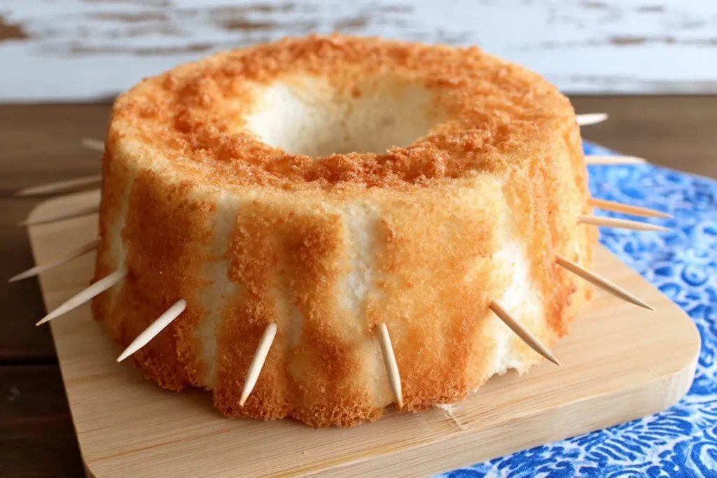 Angel food cake with toothpicks marking even layers for berries and cream