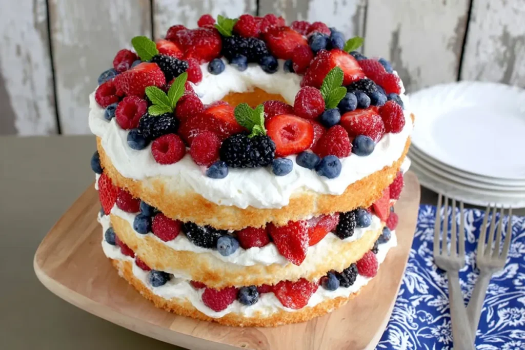 Layered angel food cake with berries and whipped topping close up