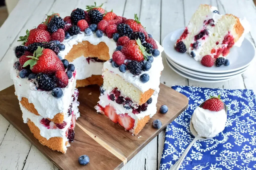 Sliced angel food cake with berries served on a plate with whipped topping
