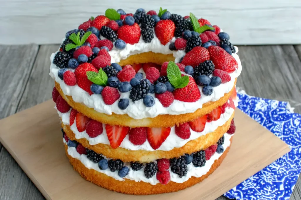 Close up of angel food cake with berries showing soft cake layers and cream