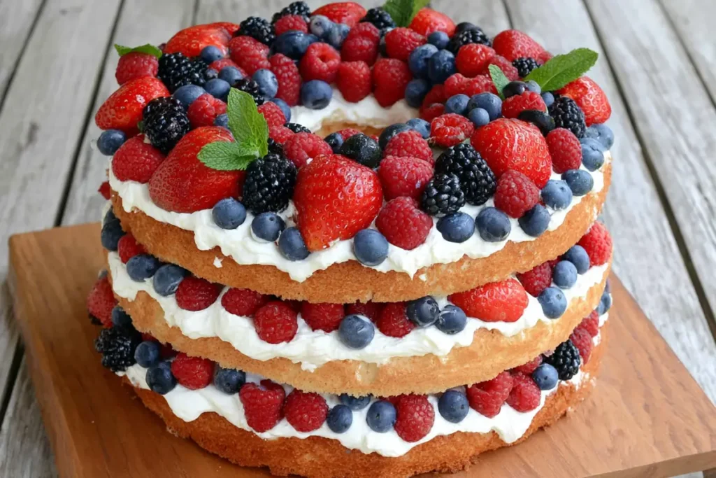 Tall angel food cake with berries and whipped topping on a wooden board