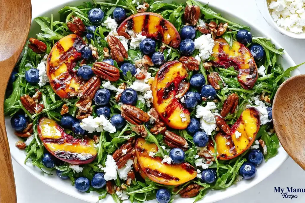 Assembled Grilled Peach Salad with arugula blueberries pecans and feta