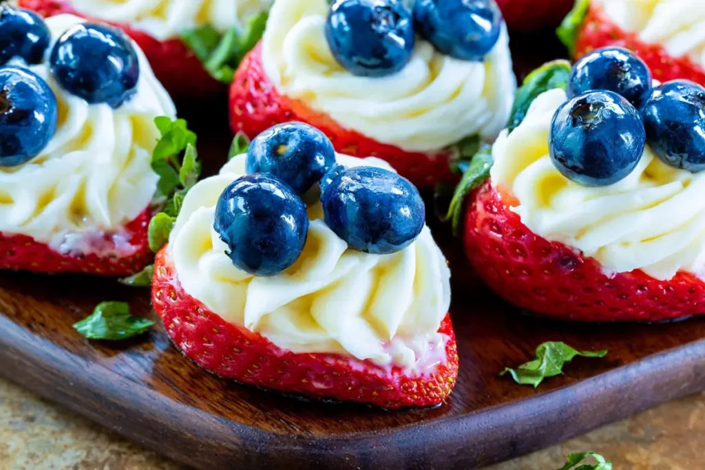 Close-up cheesecake stuffed strawberries topped with blueberries and cream cheese filling