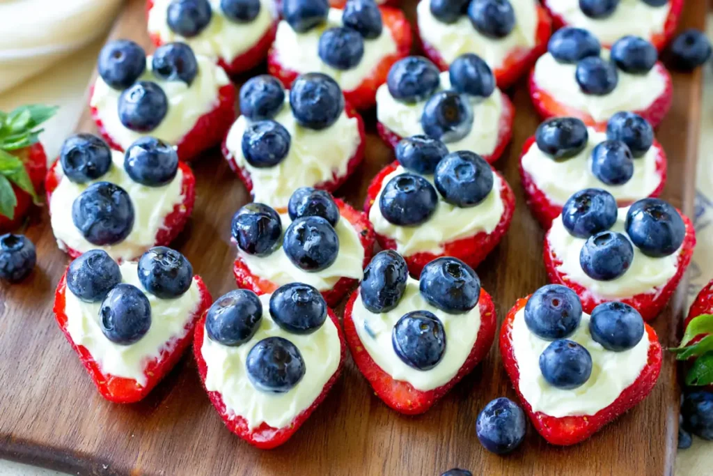 Cheesecake stuffed strawberries with cream cheese filling and blueberries on a wooden tray