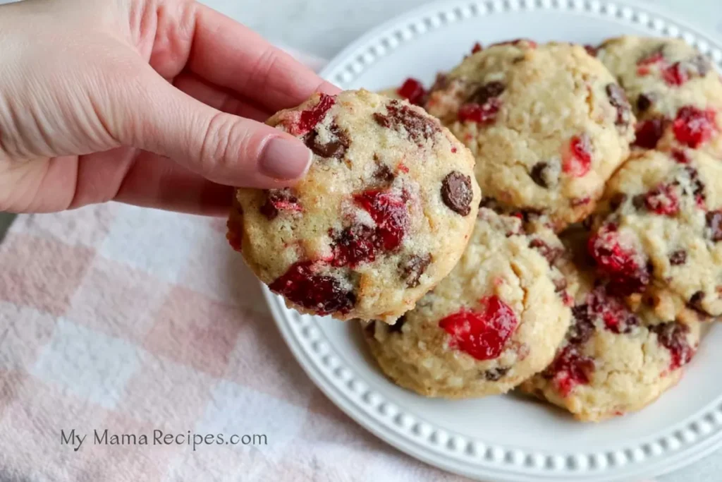 Finished Cherry Garcia Cookies with cherries and chocolate chips on a white plate