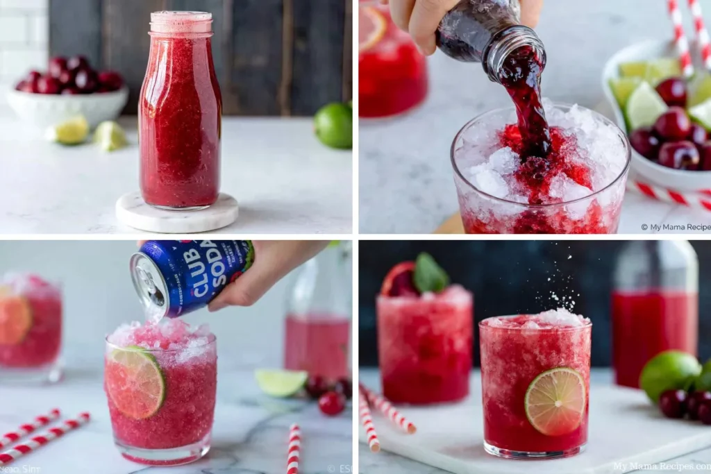 Cherry Limeade being mixed with homemade cherry syrup ice and club soda
