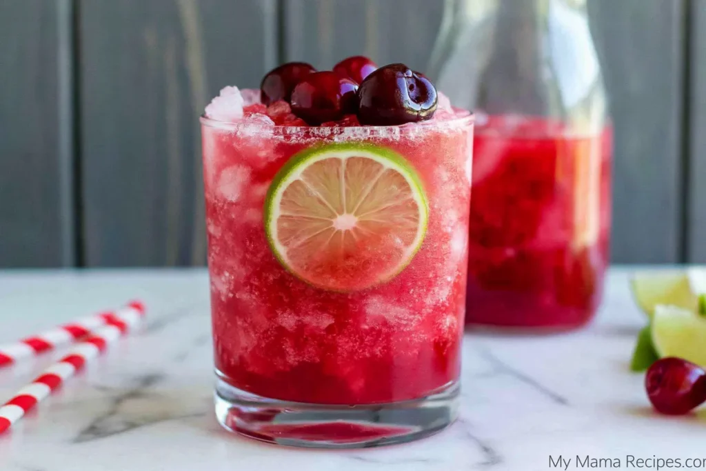 Finished Cherry Limeade with fresh cherries lime slice and crushed ice
