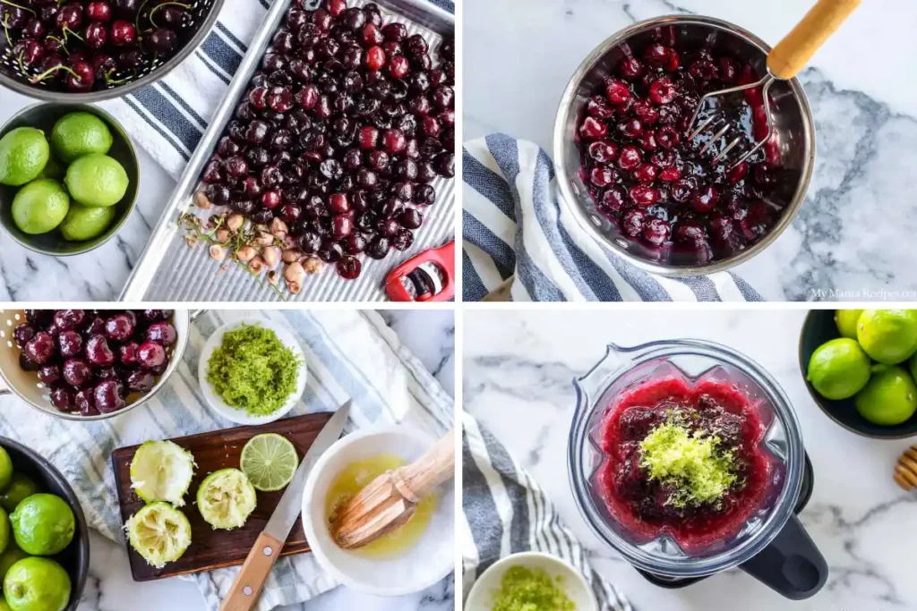 Cherry Limeade ingredients with fresh cherries limes honey and homemade syrup