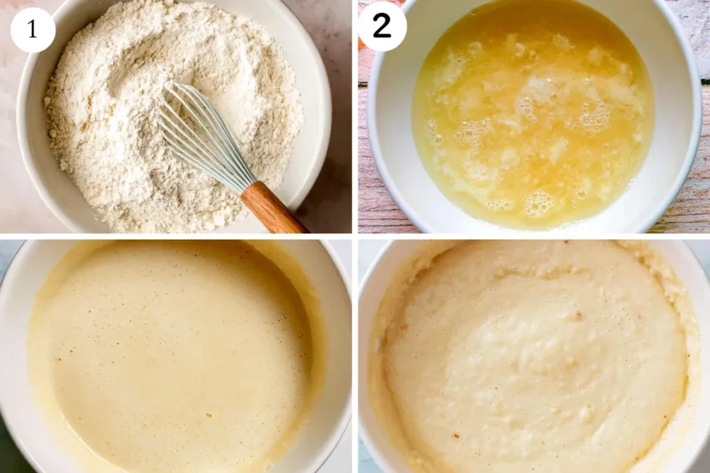 Cherry Muffins batter process with dry ingredients wet ingredients and rested batter