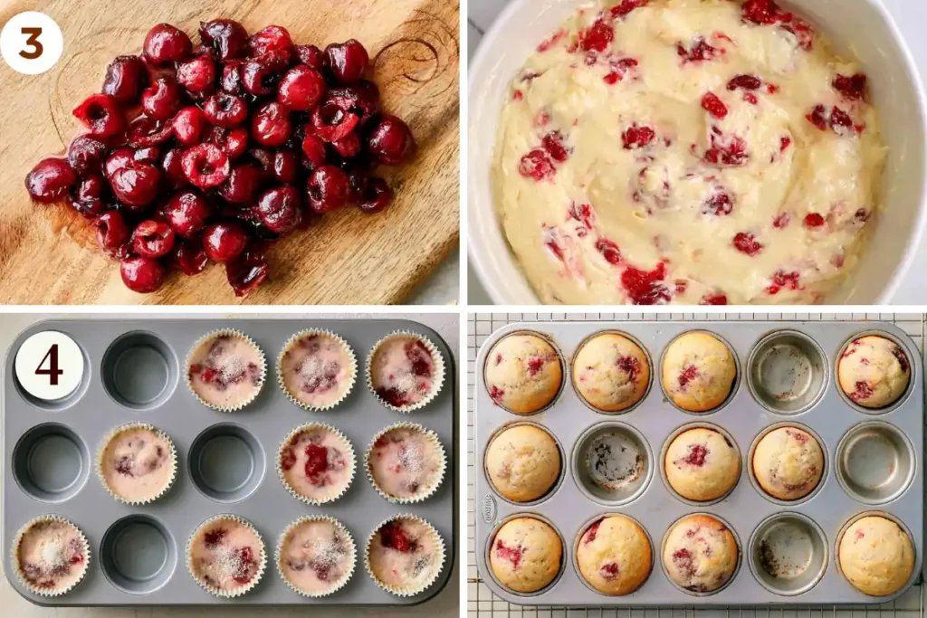 Cherry Muffins with chopped cherries folded into batter and baked in muffin pan