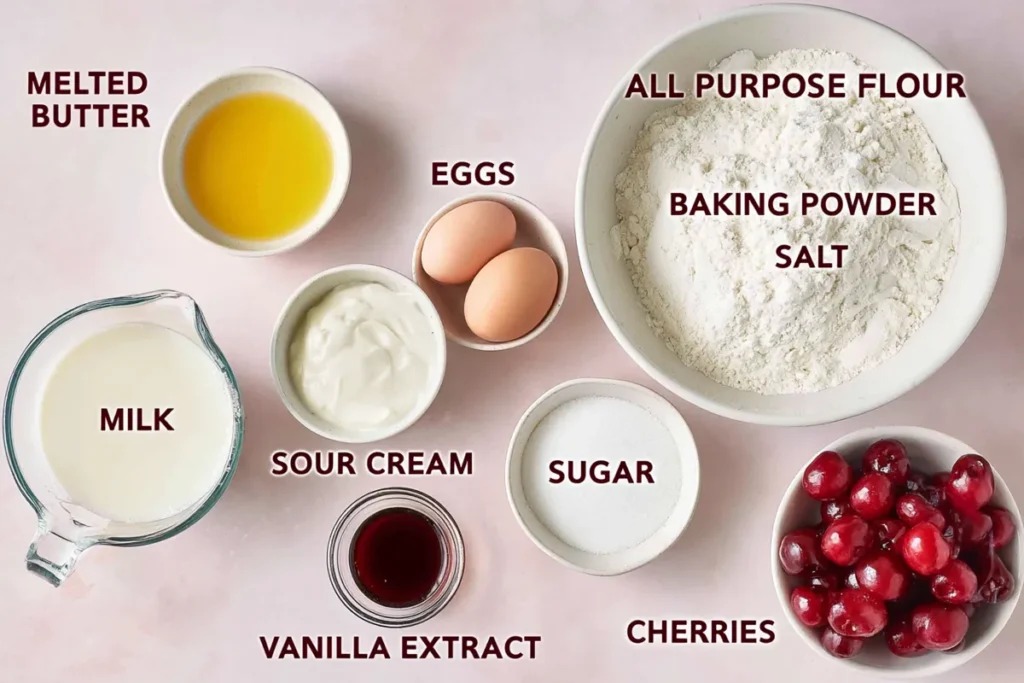 Cherry Muffins ingredients with flour sour cream butter eggs milk and fresh cherries
