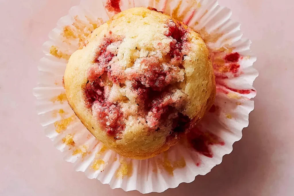 Cherry Muffins opened in a paper liner showing soft crumb and cherry filling