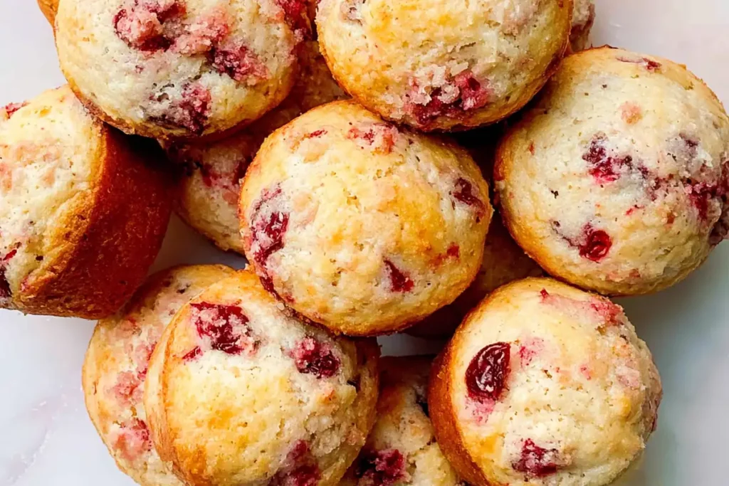 Cherry Muffins piled on a cream plate with golden tops and juicy cherries